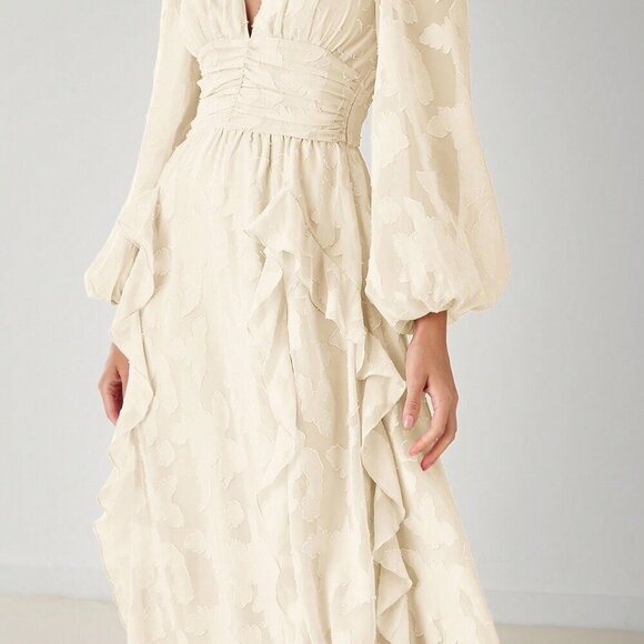 Apricot Elegant Women's Romantic V-Neck Ruffle Long Sleeve Maxi Dress - Picture 2 of 8